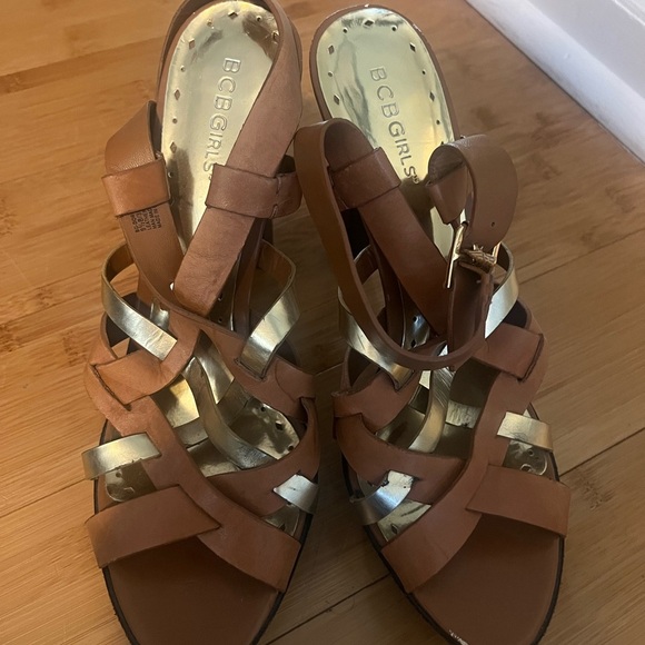 BCBGirls Shoes - BCBGirls 9.5 platform strappy gold/tan heel